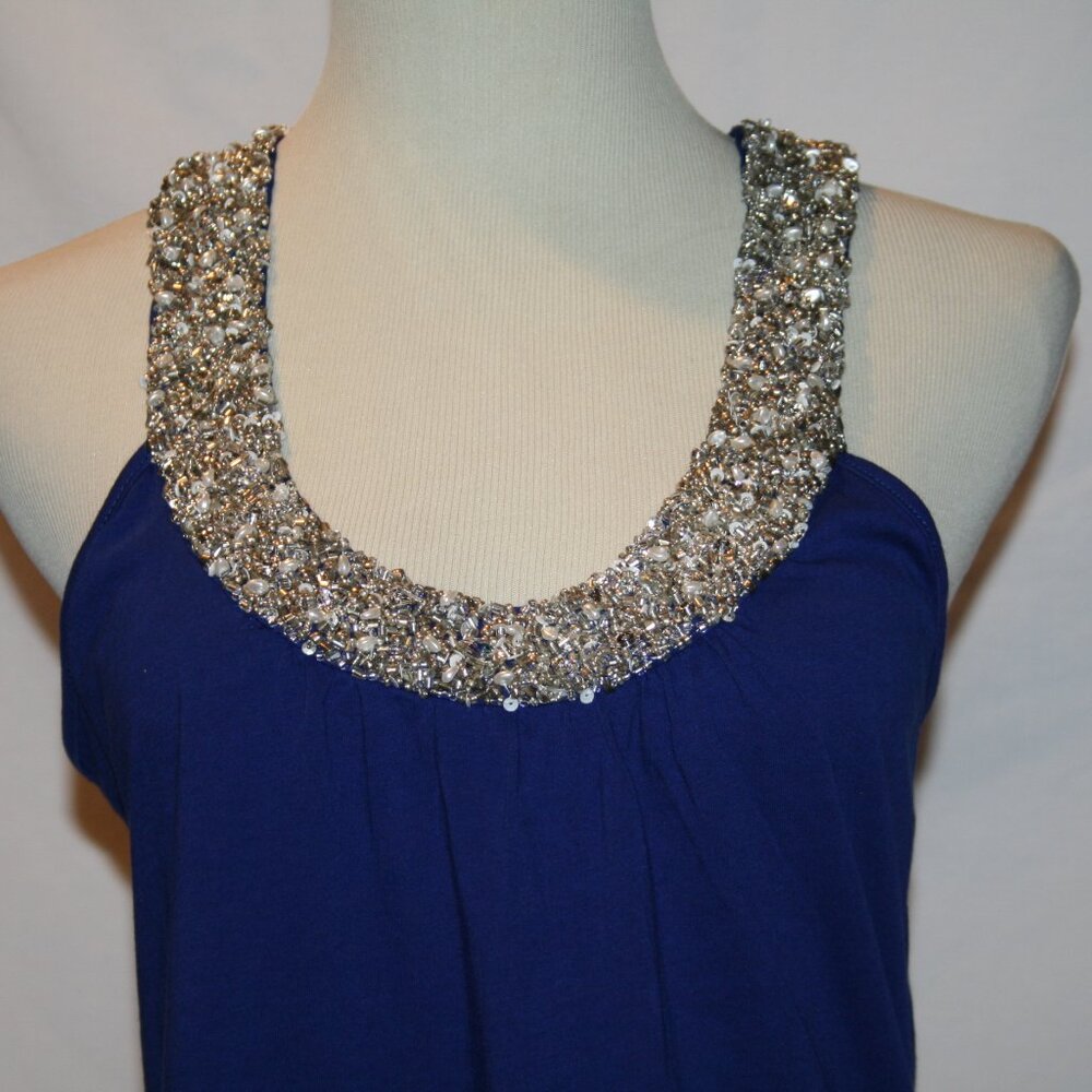Twisted Heart Royal Blue Silver Bead & Crystal Neckline Top Small - Picture 5 of 7